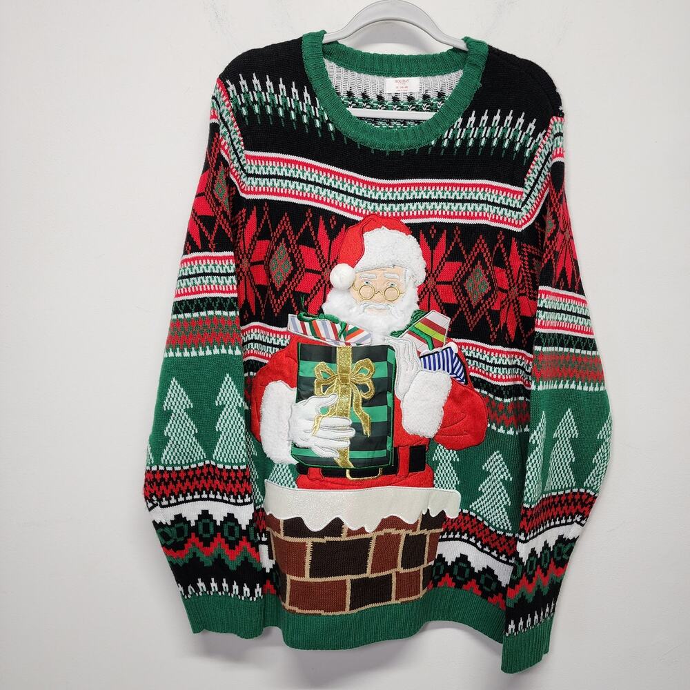 Ugly Christmas Sweater Mens XL Santa Drink Pocket Argyle Chimney Holiday Time